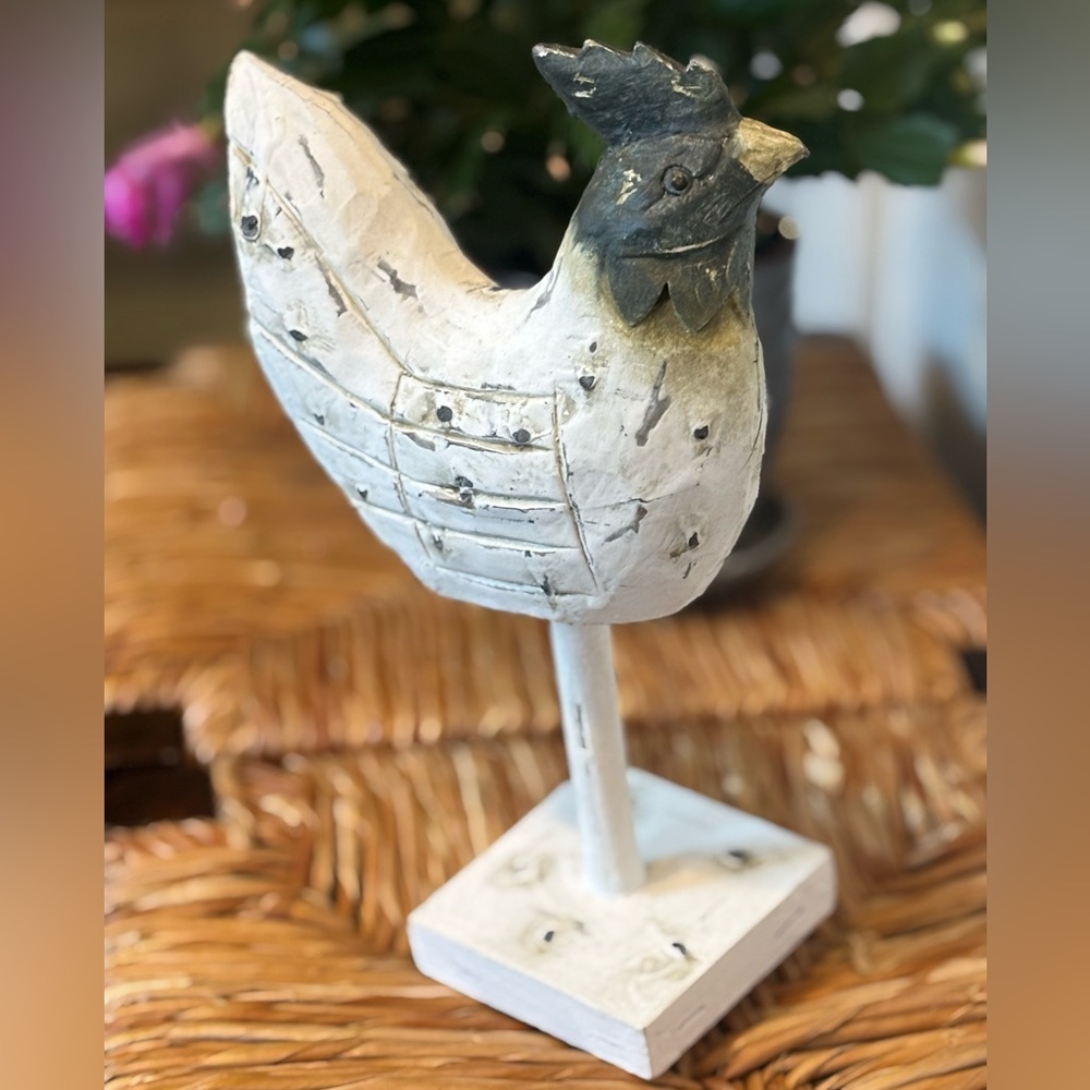 Rustic Country Farm Barn Style White and Black Rooster Sculpture Made of Wood - Picture 5 of 7